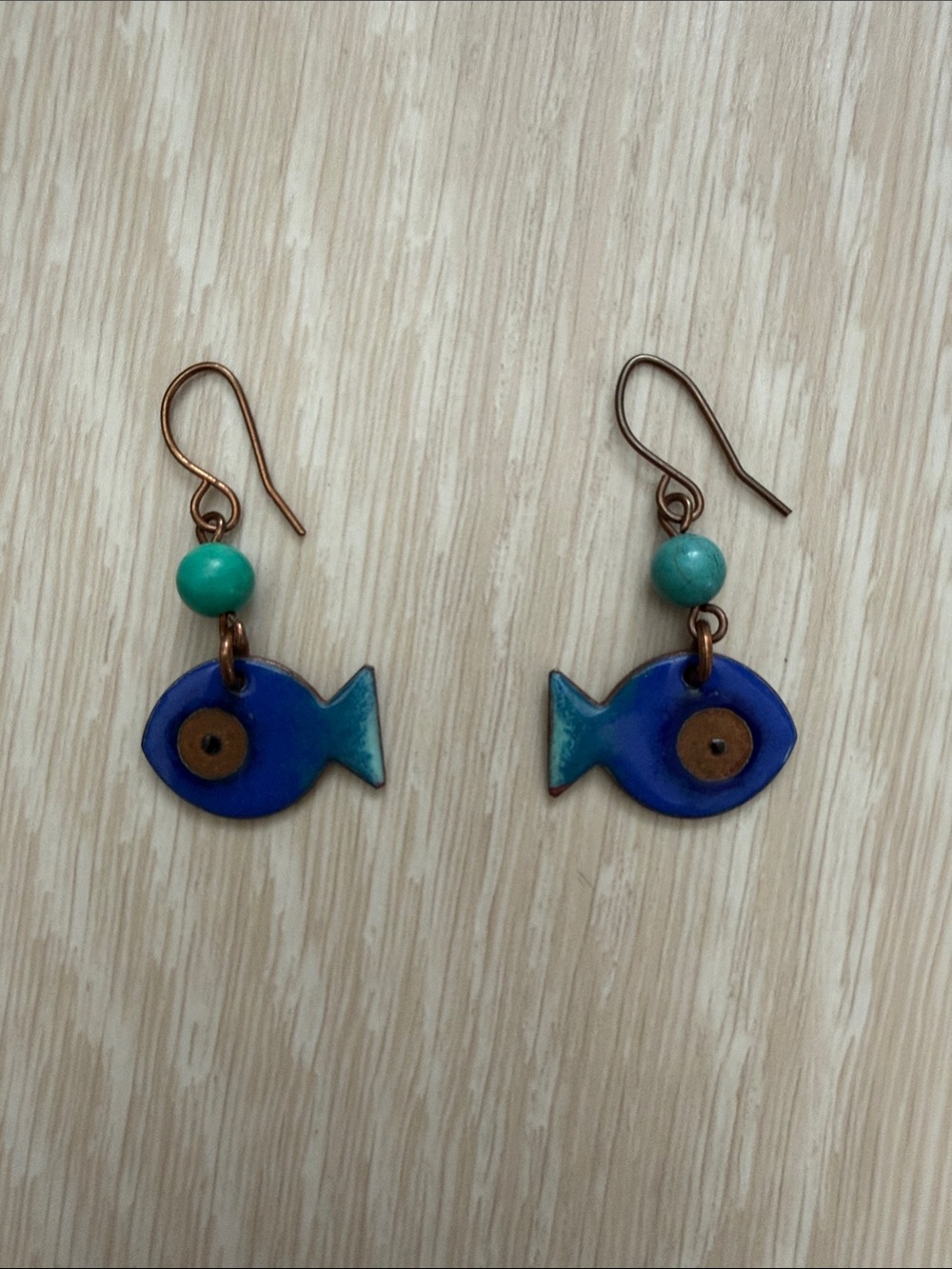 Handmade Blue Fish Earrings with Turquoise Bead